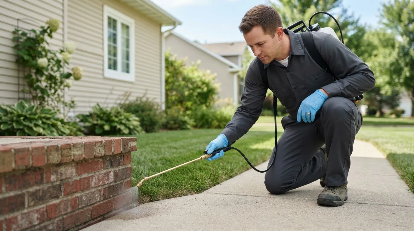 Pest control technician treating a home near Inland, NE