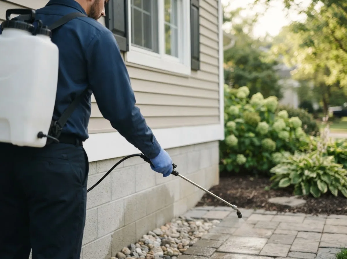 Pest control technician inspecting a home in Inland, NE